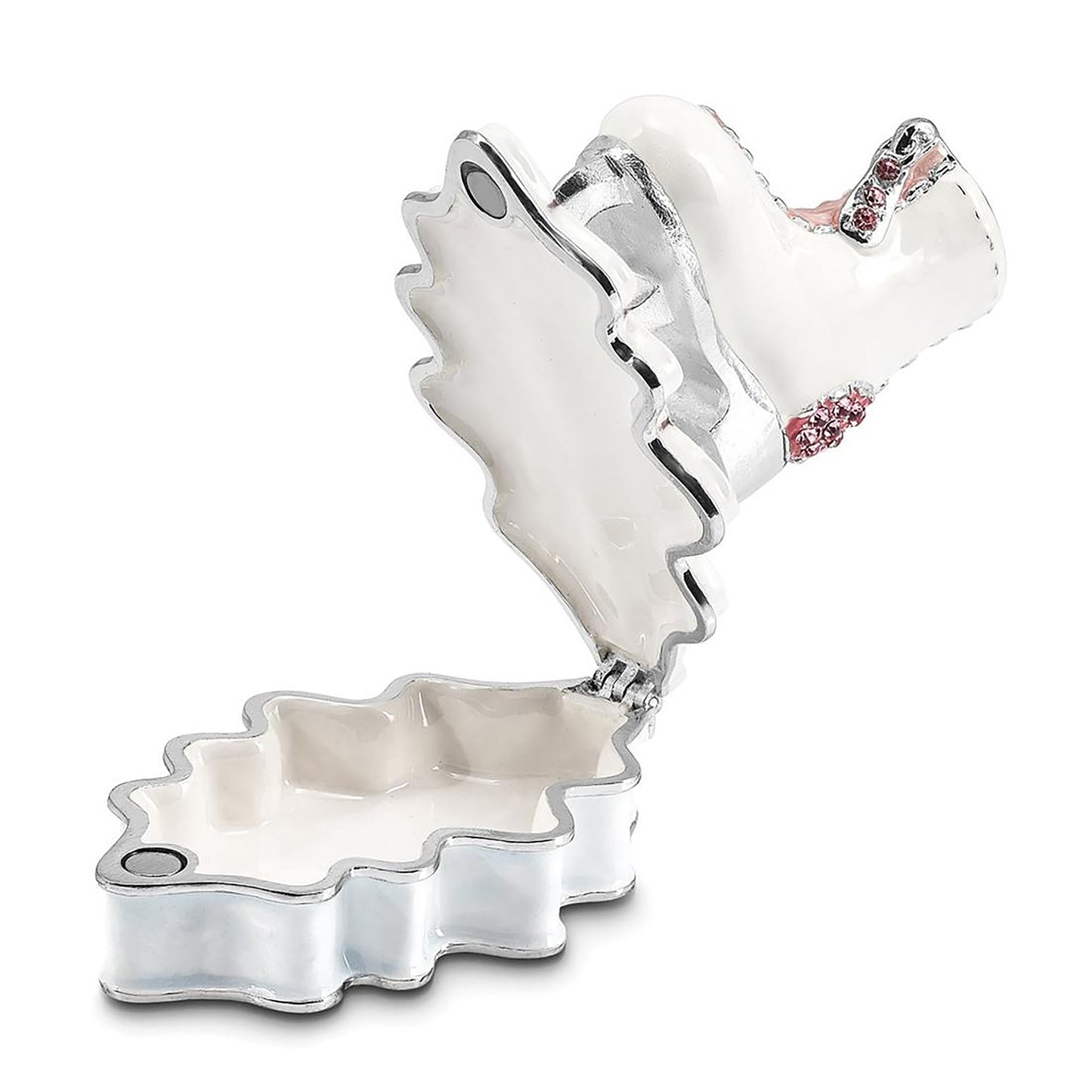 Pewter Bejeweled Crystals Silver-Tone Enameled Glider Pink And White Ice Skate Trinket Container Bejeweled Trinket Box with Matching 18 Inch Necklace, Hand Painted Enameled Collectible Gift