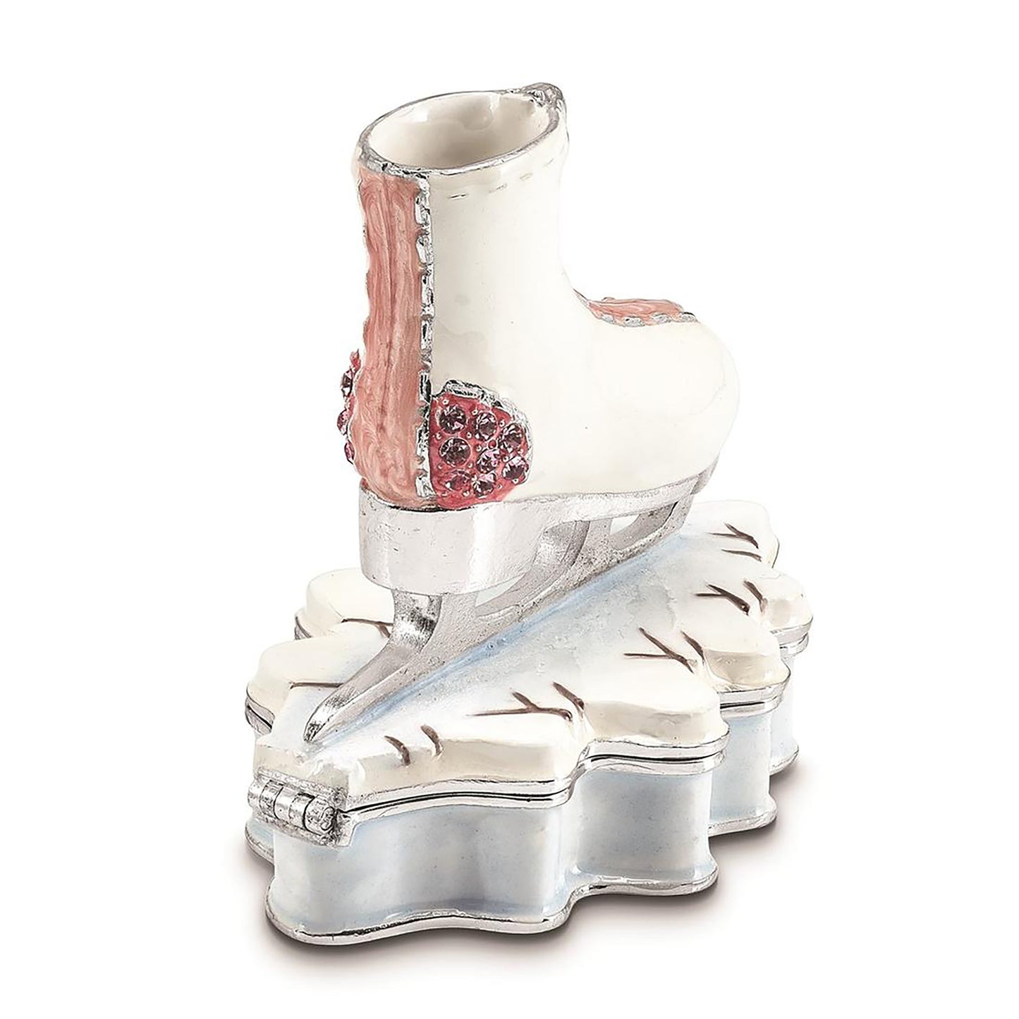 Pewter Bejeweled Crystals Silver-Tone Enameled Glider Pink And White Ice Skate Trinket Container Bejeweled Trinket Box with Matching 18 Inch Necklace, Hand Painted Enameled Collectible Gift