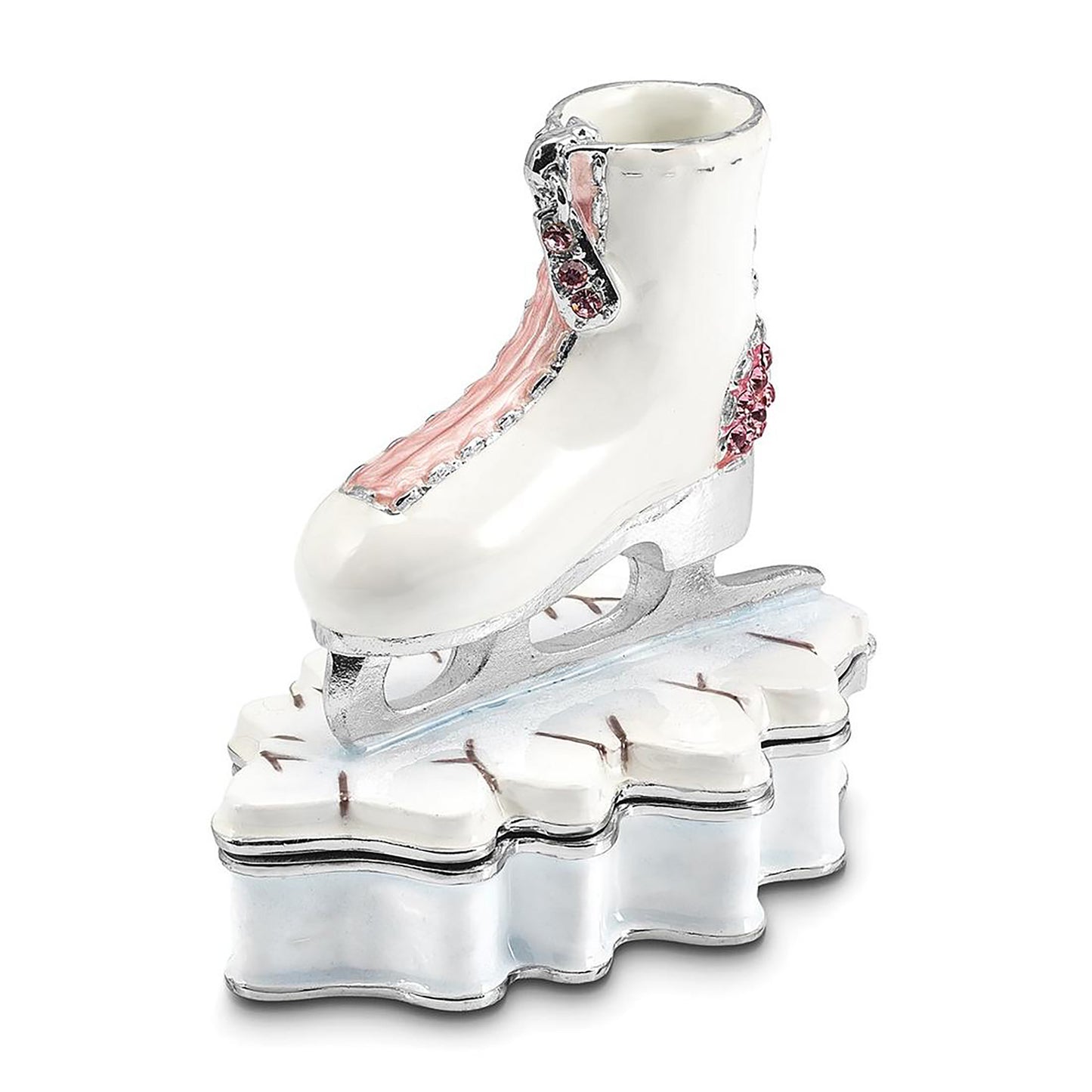 Pewter Bejeweled Crystals Silver-Tone Enameled Glider Pink And White Ice Skate Trinket Container Bejeweled Trinket Box with Matching 18 Inch Necklace, Hand Painted Enameled Collectible Gift