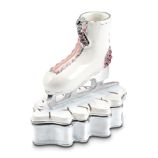 Pewter Bejeweled Crystals Silver-Tone Enameled Glider Pink And White Ice Skate Trinket Container Bejeweled Trinket Box with Matching 18 Inch Necklace, Hand Painted Enameled Collectible Gift