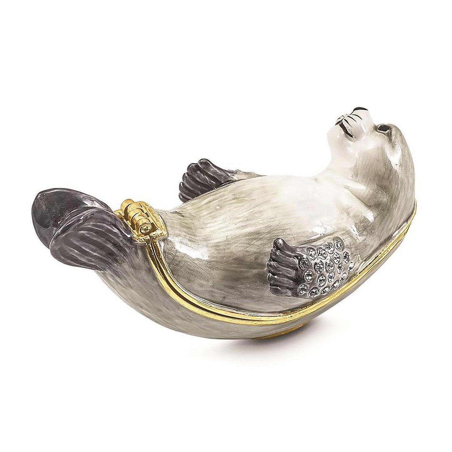 Pewter Bejeweled Crystals Gold-Tone Enameled Bertram Grey And White Seal Trinket Container Bejeweled Trinket Box with Matching 18 Inch Necklace, Hand Painted Enameled Collectible Gift