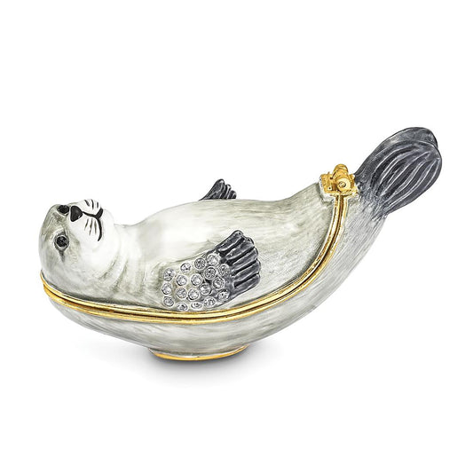 Pewter Bejeweled Crystals Gold-Tone Enameled Bertram Grey And White Seal Trinket Container Bejeweled Trinket Box with Matching 18 Inch Necklace, Hand Painted Enameled Collectible Gift
