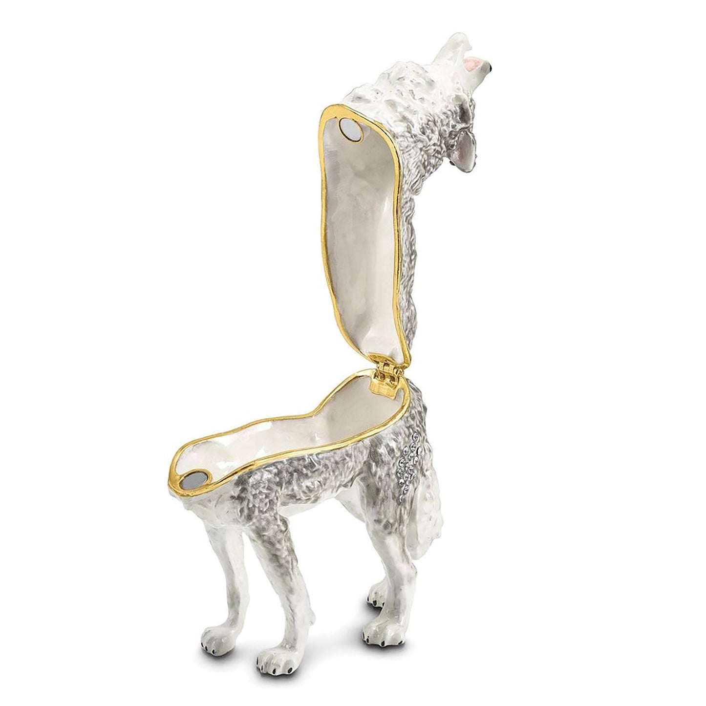 Pewter Bejeweled Crystals Gold-Tone Enameled Jack Howling Wolf Trinket Container Bejeweled Trinket Box with Matching 18 Inch Necklace, Hand Painted Enameled Collectible Gift
