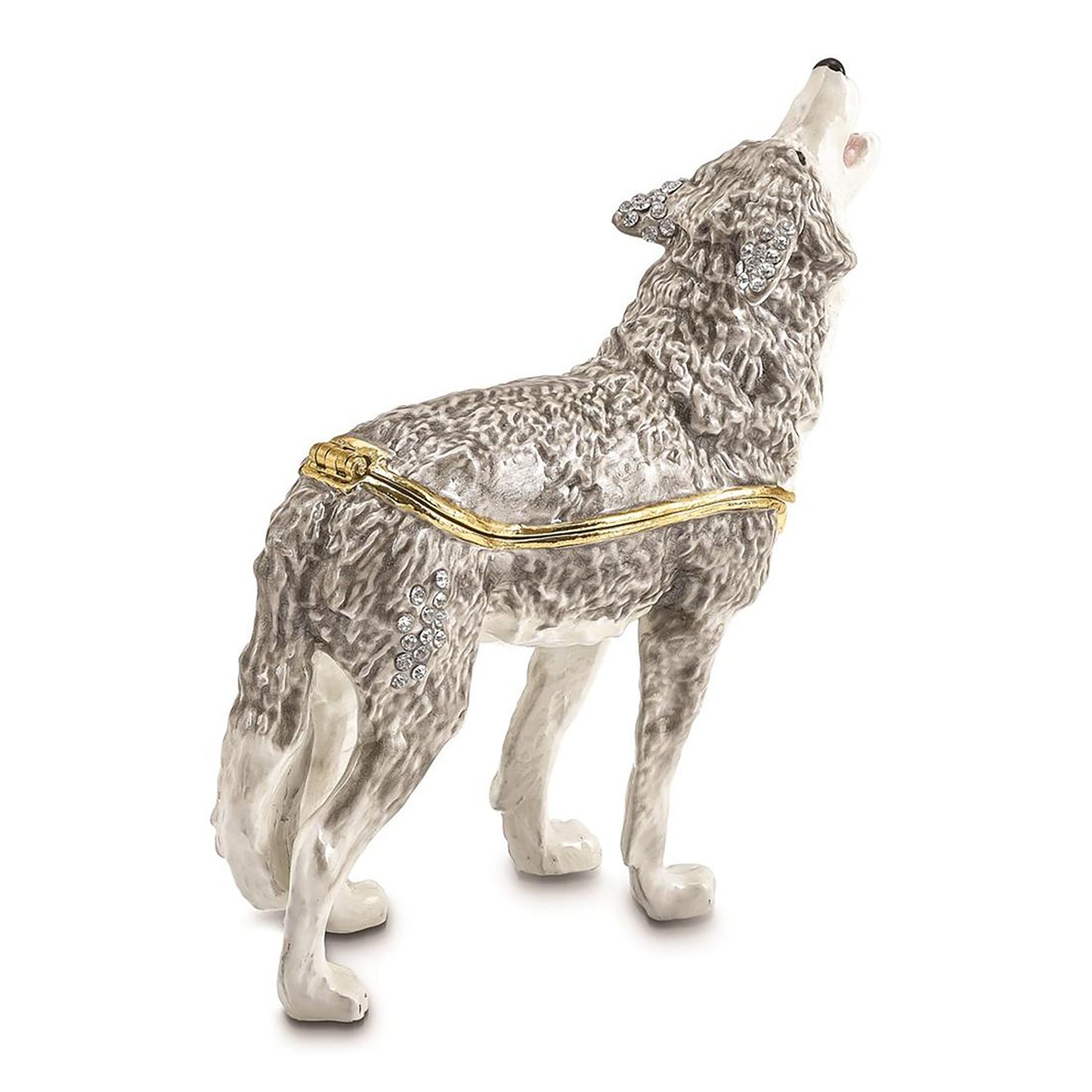 Pewter Bejeweled Crystals Gold-Tone Enameled Jack Howling Wolf Trinket Container Bejeweled Trinket Box with Matching 18 Inch Necklace, Hand Painted Enameled Collectible Gift