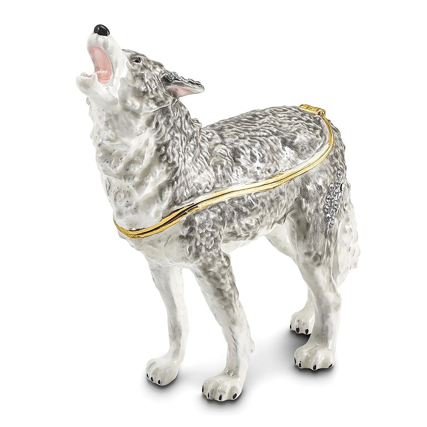 Pewter Bejeweled Crystals Gold-Tone Enameled Jack Howling Wolf Trinket Container Bejeweled Trinket Box with Matching 18 Inch Necklace, Hand Painted Enameled Collectible Gift