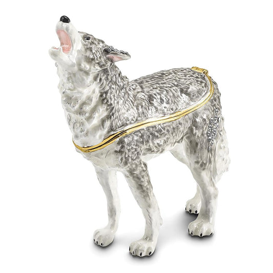 Pewter Bejeweled Crystals Gold-Tone Enameled Jack Howling Wolf Trinket Container Bejeweled Trinket Box with Matching 18 Inch Necklace, Hand Painted Enameled Collectible Gift