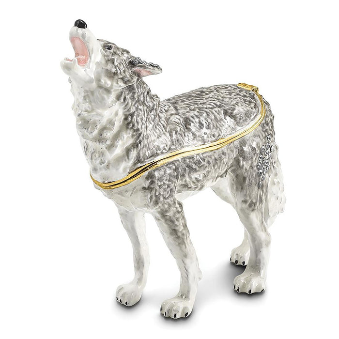 Jere Luxury Giftware Pewter Bejeweled Crystals Gold-Tone Enameled Jack Howling Wolf Trinket Container w Matching 18 Inch Necklace