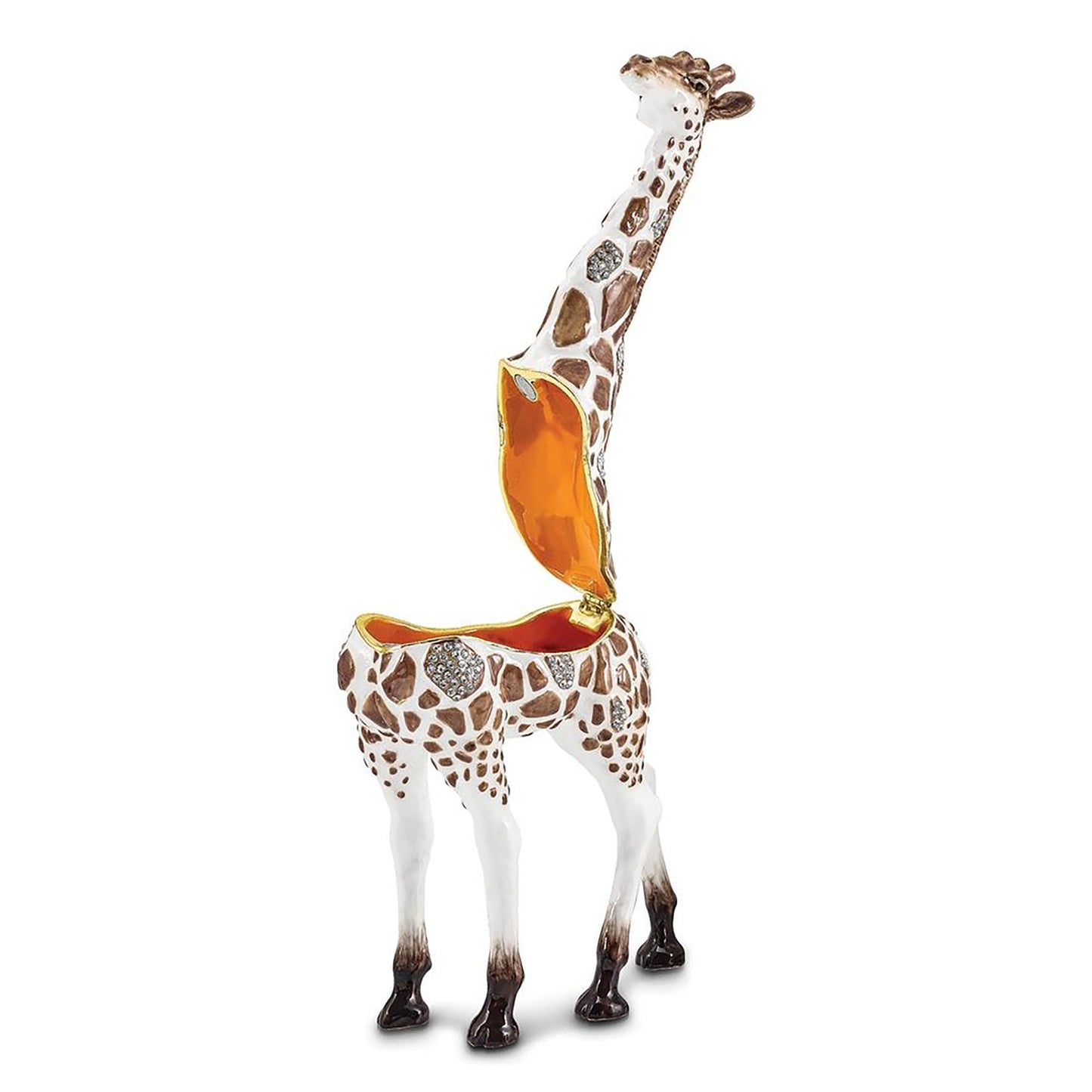 Pewter Bejeweled Crystals Gold-Tone Enameled Gail Brown And White Giraffe Trinket Container Bejeweled Trinket Box with Matching 18 Inch Necklace, Hand Painted Enameled Collectible Gift