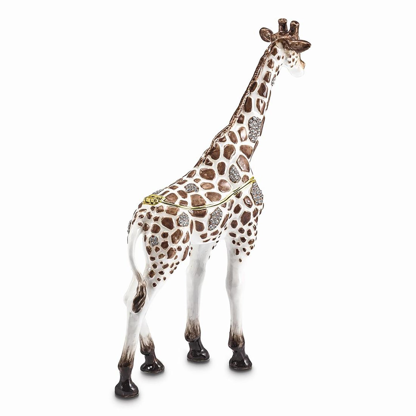Pewter Bejeweled Crystals Gold-Tone Enameled Gail Brown And White Giraffe Trinket Container Bejeweled Trinket Box with Matching 18 Inch Necklace, Hand Painted Enameled Collectible Gift