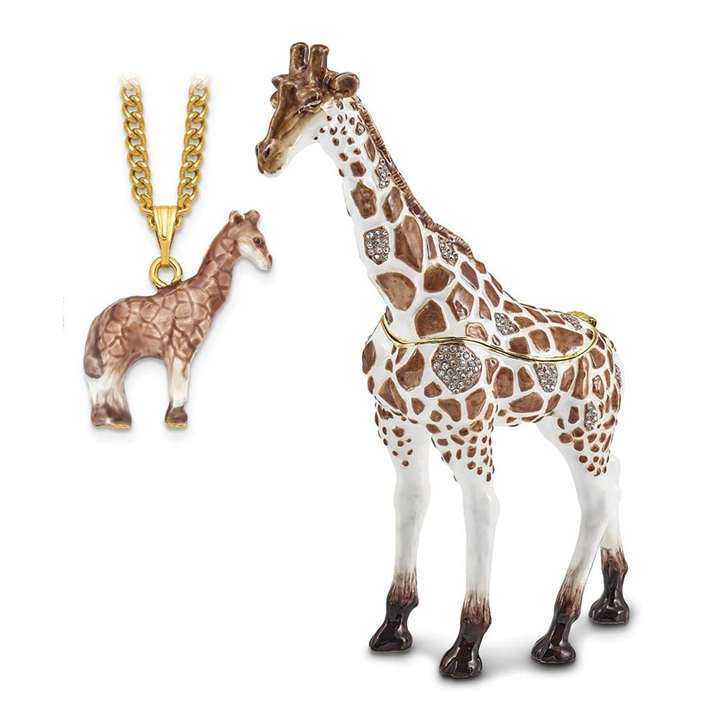 Pewter Bejeweled Crystals Gold-Tone Enameled Gail Brown And White Giraffe Trinket Container Bejeweled Trinket Box with Matching 18 Inch Necklace, Hand Painted Enameled Collectible Gift