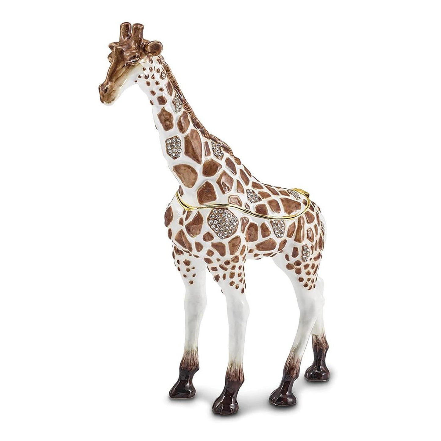 Pewter Bejeweled Crystals Gold-Tone Enameled Gail Brown And White Giraffe Trinket Container Bejeweled Trinket Box with Matching 18 Inch Necklace, Hand Painted Enameled Collectible Gift