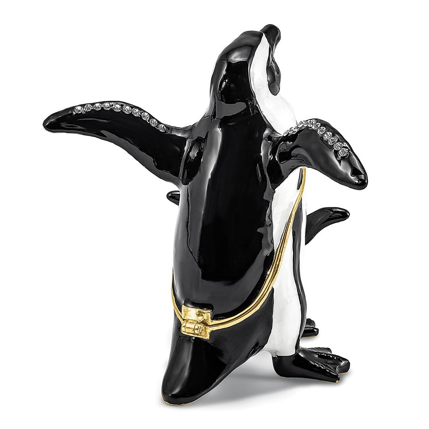 Pewter Bejeweled Crystals Gold-Tone Enameled Patty And Pom Penguin And Baby Trinket Container Bejeweled Trinket Box with Matching 18 Inch Necklace, Hand Painted Enameled Collectible Gift