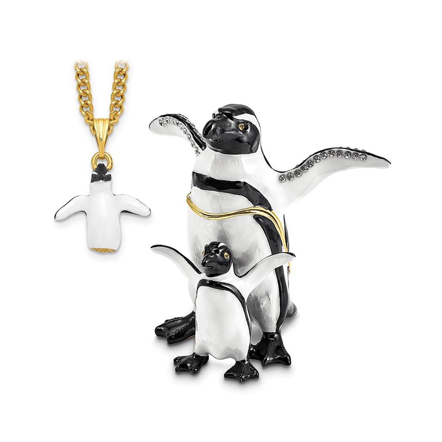 Pewter Bejeweled Crystals Gold-Tone Enameled Patty And Pom Penguin And Baby Trinket Container Bejeweled Trinket Box with Matching 18 Inch Necklace, Hand Painted Enameled Collectible Gift
