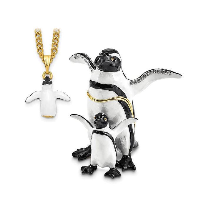 Jere Luxury Giftware Pewter Bejeweled Crystals Gold-Tone Enameled Patty And Pom Penguin And Baby Trinket Container w Matching 18 Inch Necklace