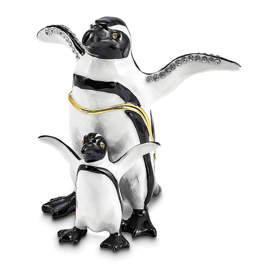 Pewter Bejeweled Crystals Gold-Tone Enameled Patty And Pom Penguin And Baby Trinket Container Bejeweled Trinket Box with Matching 18 Inch Necklace, Hand Painted Enameled Collectible Gift