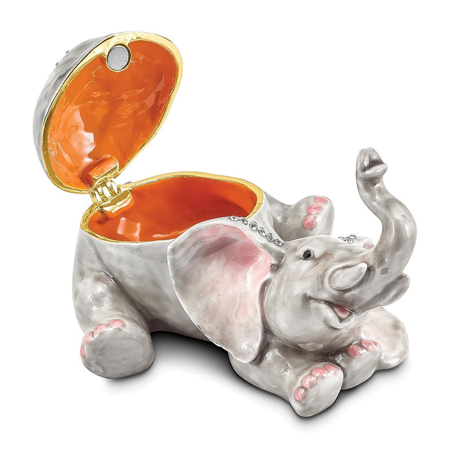 Pewter Bejeweled Crystals Gold-Tone Enameled Ellery Falling Baby Elephant Trinket Container Bejeweled Trinket Box with Matching 18 Inch Necklace, Hand Painted Enameled Collectible Gift