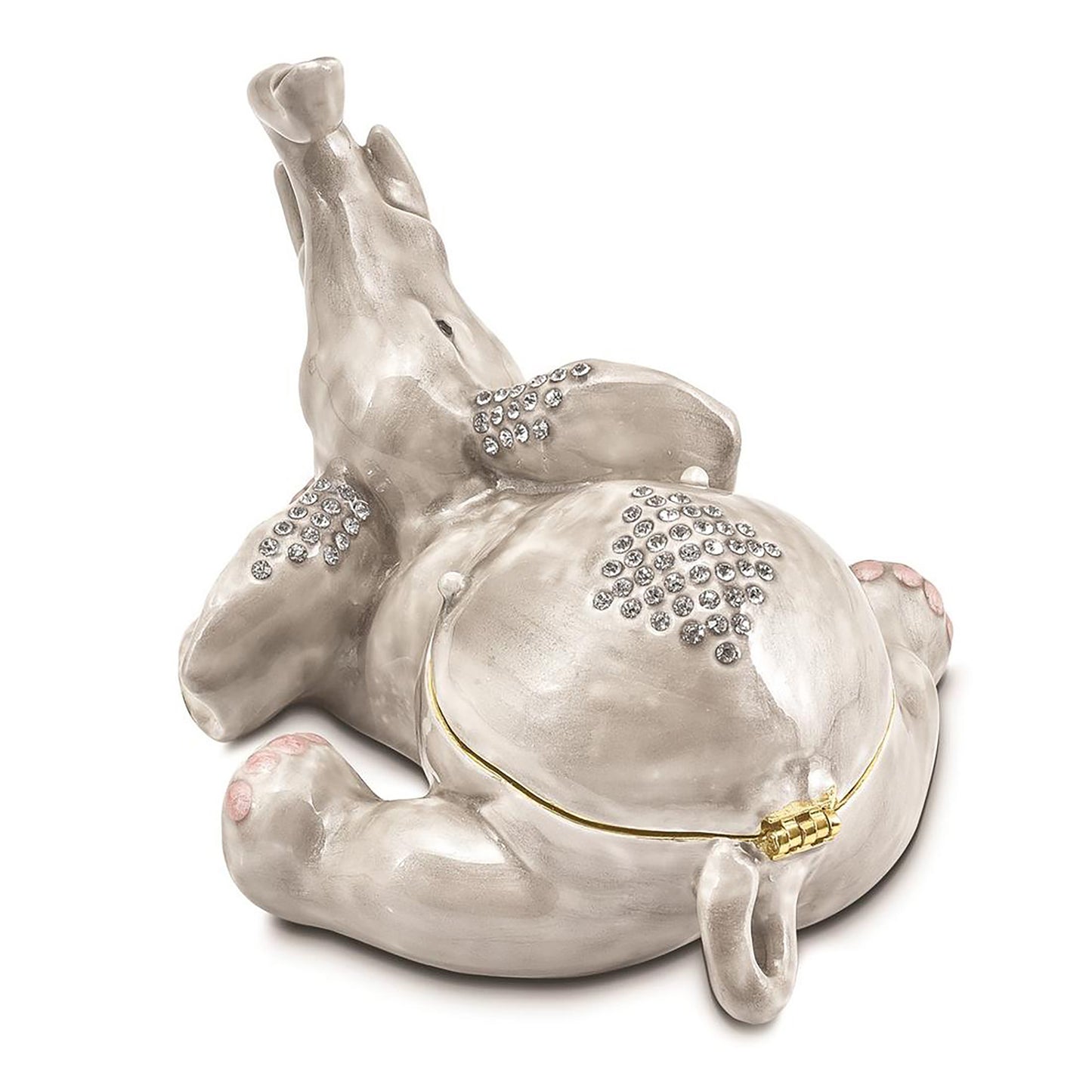 Pewter Bejeweled Crystals Gold-Tone Enameled Ellery Falling Baby Elephant Trinket Container Bejeweled Trinket Box with Matching 18 Inch Necklace, Hand Painted Enameled Collectible Gift