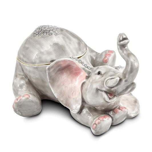 Pewter Bejeweled Crystals Gold-Tone Enameled Ellery Falling Baby Elephant Trinket Container Bejeweled Trinket Box with Matching 18 Inch Necklace, Hand Painted Enameled Collectible Gift