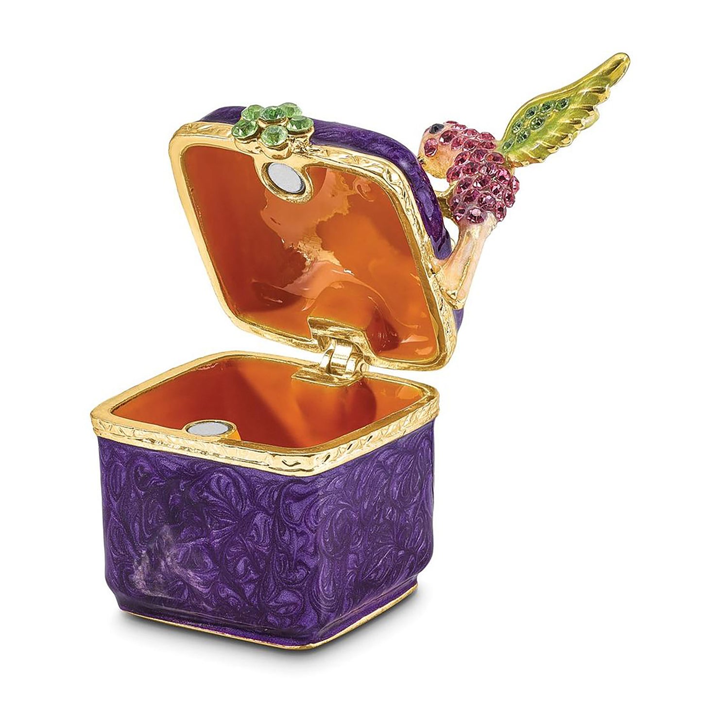 Pewter Bejeweled Crystals Gold-Tone Enameled Harlow Purple Box/Flower/Hummingbird Trinket Container Bejeweled Trinket Box with Matching 18 Inch Necklace, Hand Painted Enameled Collectible Gift