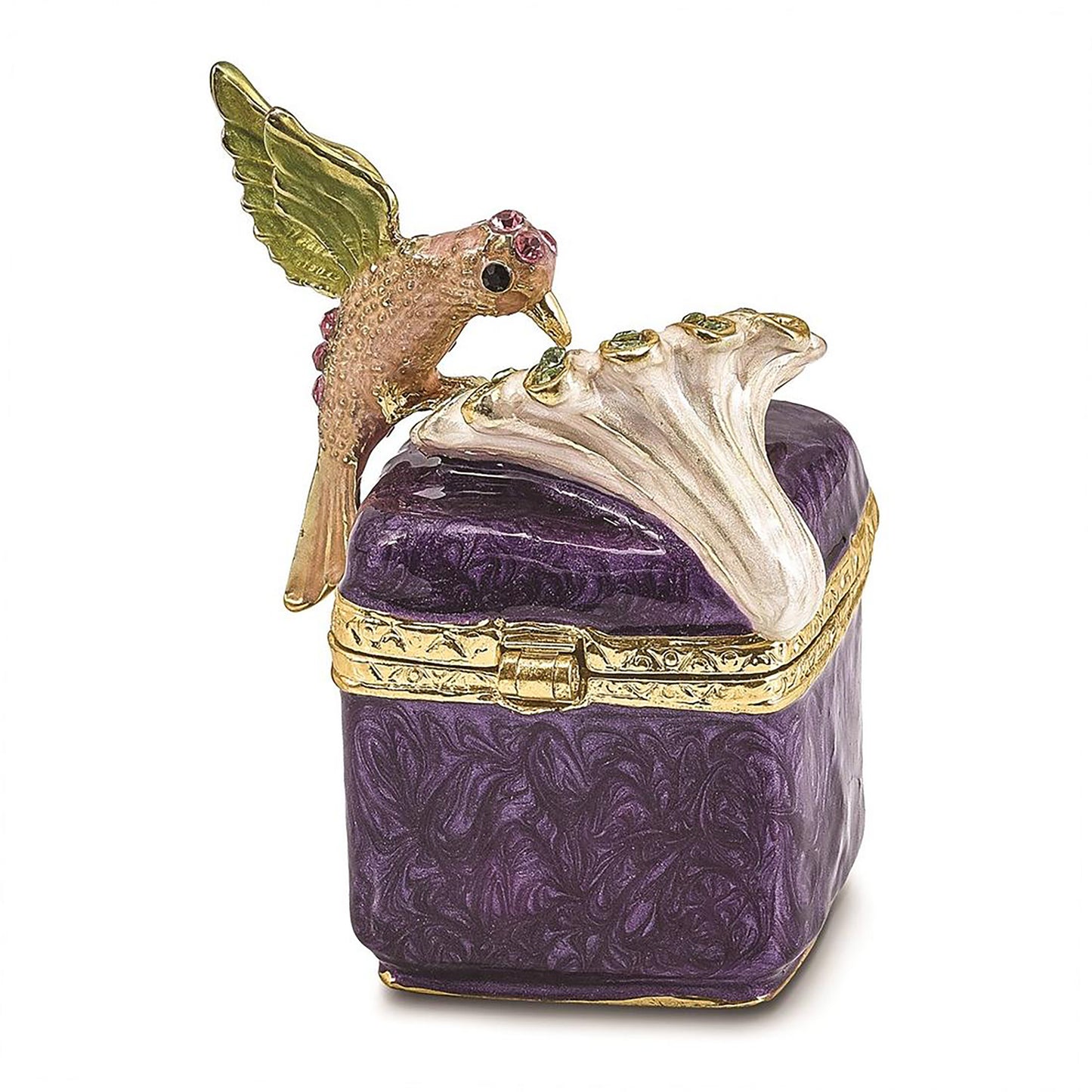 Pewter Bejeweled Crystals Gold-Tone Enameled Harlow Purple Box/Flower/Hummingbird Trinket Container Bejeweled Trinket Box with Matching 18 Inch Necklace, Hand Painted Enameled Collectible Gift
