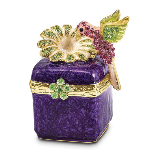 Pewter Bejeweled Crystals Gold-Tone Enameled Harlow Purple Box/Flower/Hummingbird Trinket Container Bejeweled Trinket Box with Matching 18 Inch Necklace, Hand Painted Enameled Collectible Gift