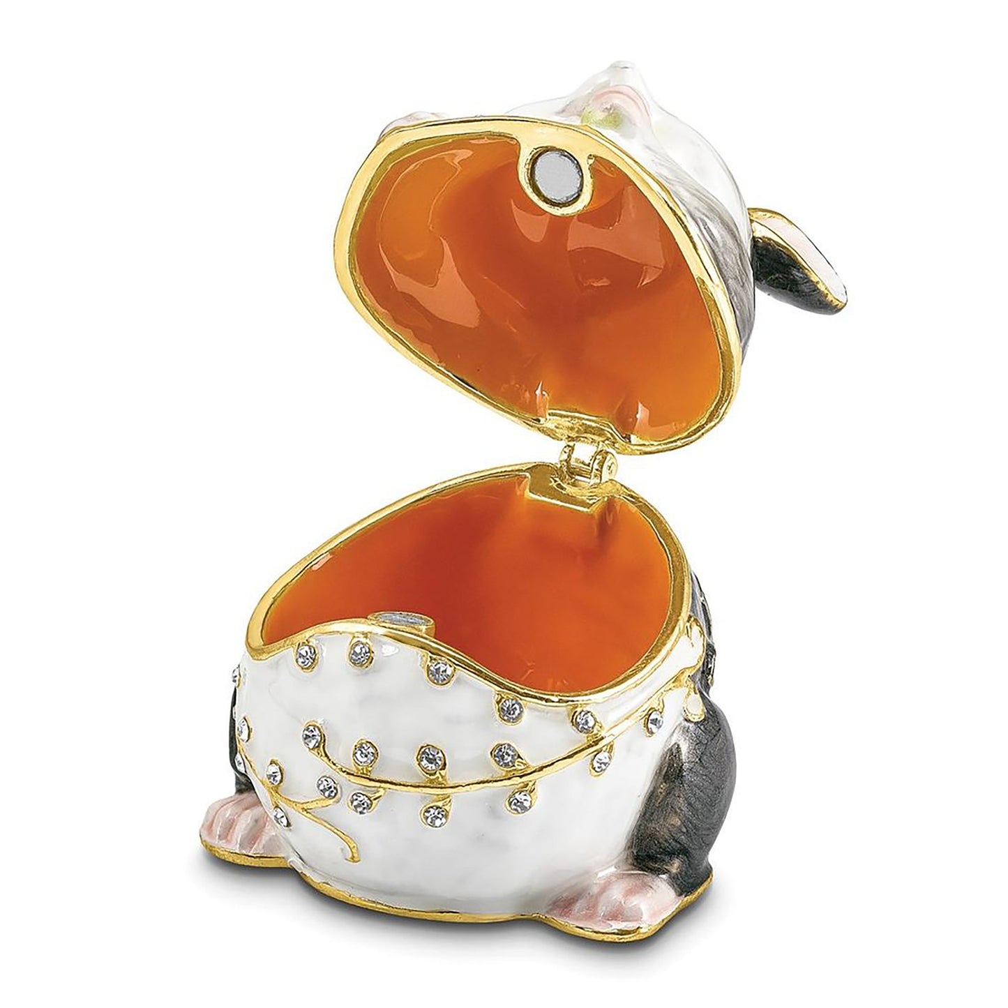 Pewter Bejeweled Crystals Gold-Tone Enameled Uncle Joe Chubby Mouse Trinket Container Bejeweled Trinket Box with Matching 18 Inch Necklace, Hand Painted Enameled Collectible Gift