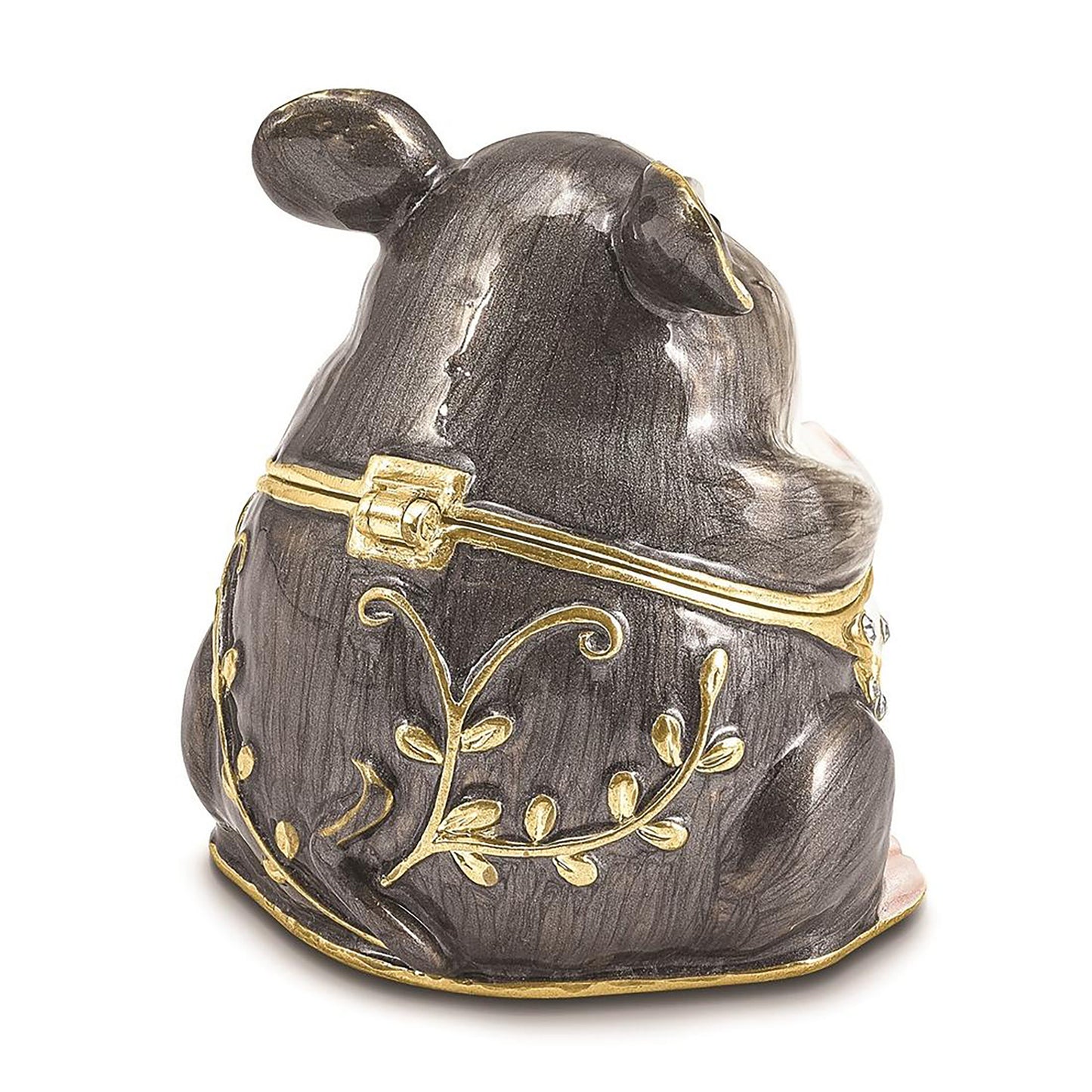 Pewter Bejeweled Crystals Gold-Tone Enameled Uncle Joe Chubby Mouse Trinket Container Bejeweled Trinket Box with Matching 18 Inch Necklace, Hand Painted Enameled Collectible Gift