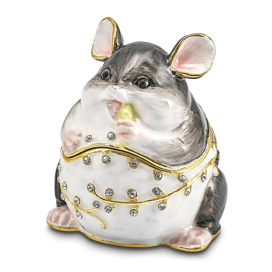 Pewter Bejeweled Crystals Gold-Tone Enameled Uncle Joe Chubby Mouse Trinket Container Bejeweled Trinket Box with Matching 18 Inch Necklace, Hand Painted Enameled Collectible Gift