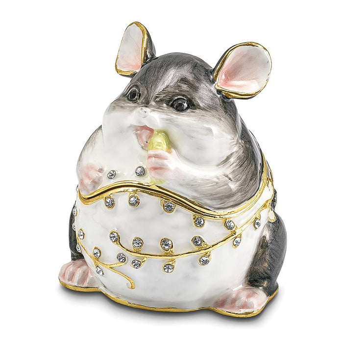 Jere Luxury Giftware Pewter Bejeweled Crystals Gold-Tone Enameled Uncle Joe Chubby Mouse Trinket Container w Matching 18 Inch Necklace