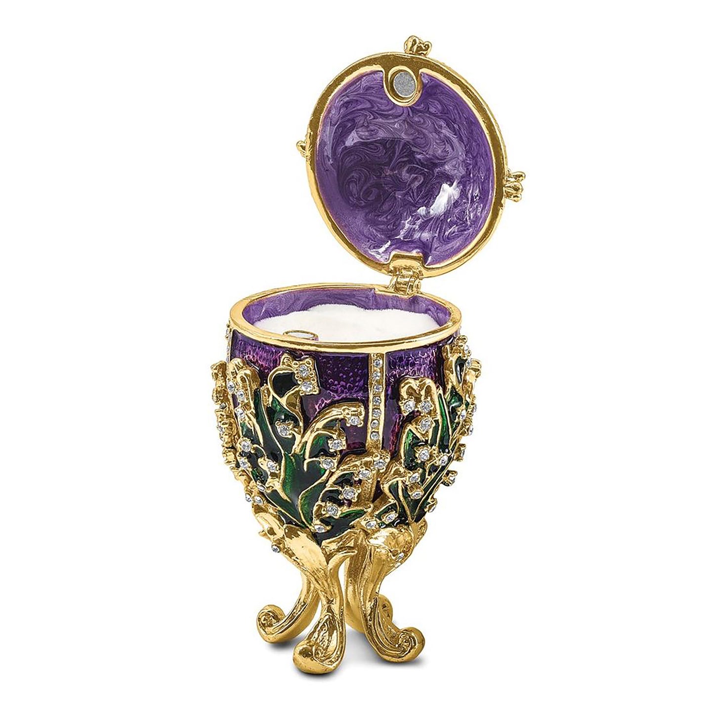 Pewter Bejeweled Crystals Gold-Tone Enameled Lily Of The Valley Purple Egg W/Ring Pad Trinket Container Bejeweled Trinket Box with Matching 18 Inch Necklace, Hand Painted Enameled Collectible Gift