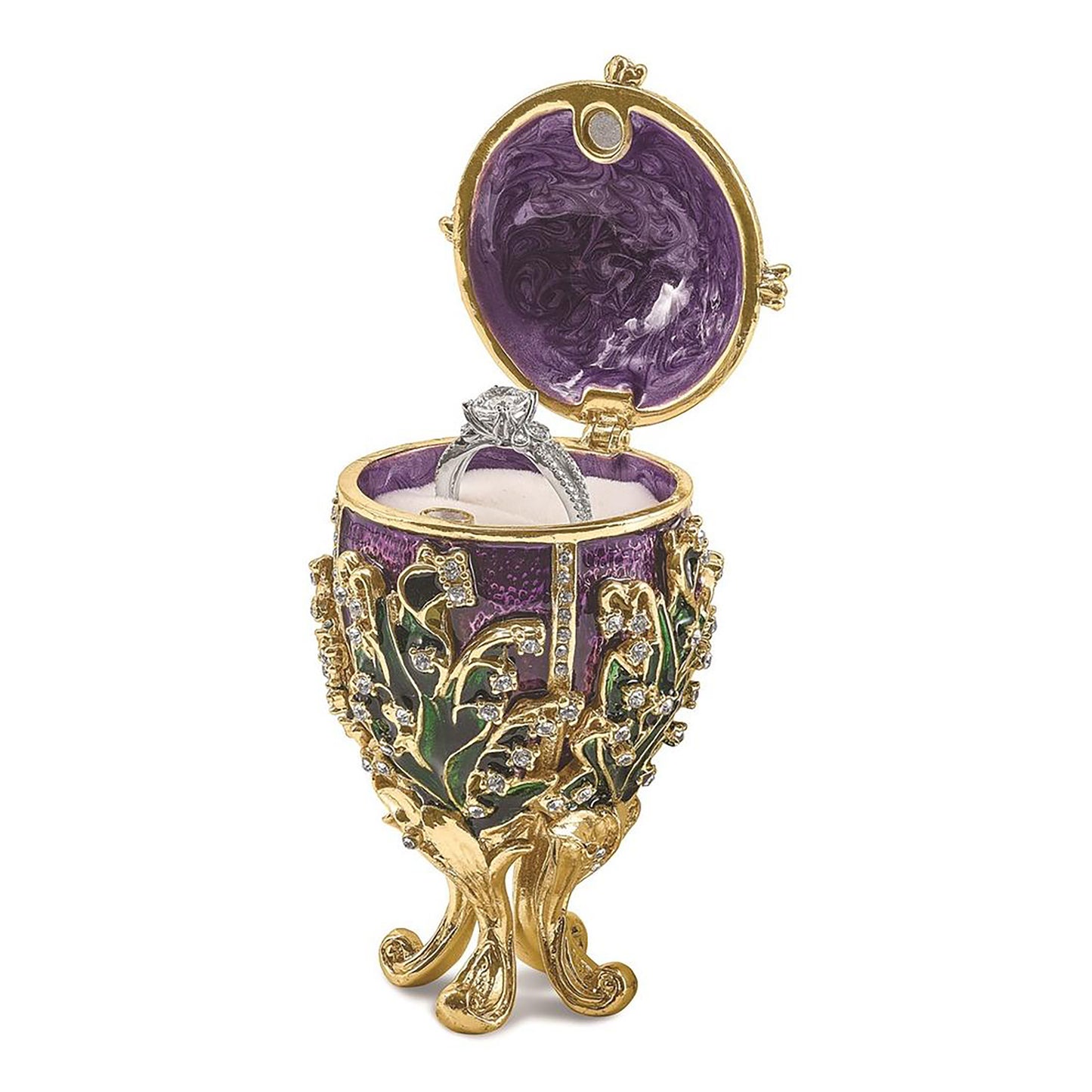 Pewter Bejeweled Crystals Gold-Tone Enameled Lily Of The Valley Purple Egg W/Ring Pad Trinket Container Bejeweled Trinket Box with Matching 18 Inch Necklace, Hand Painted Enameled Collectible Gift