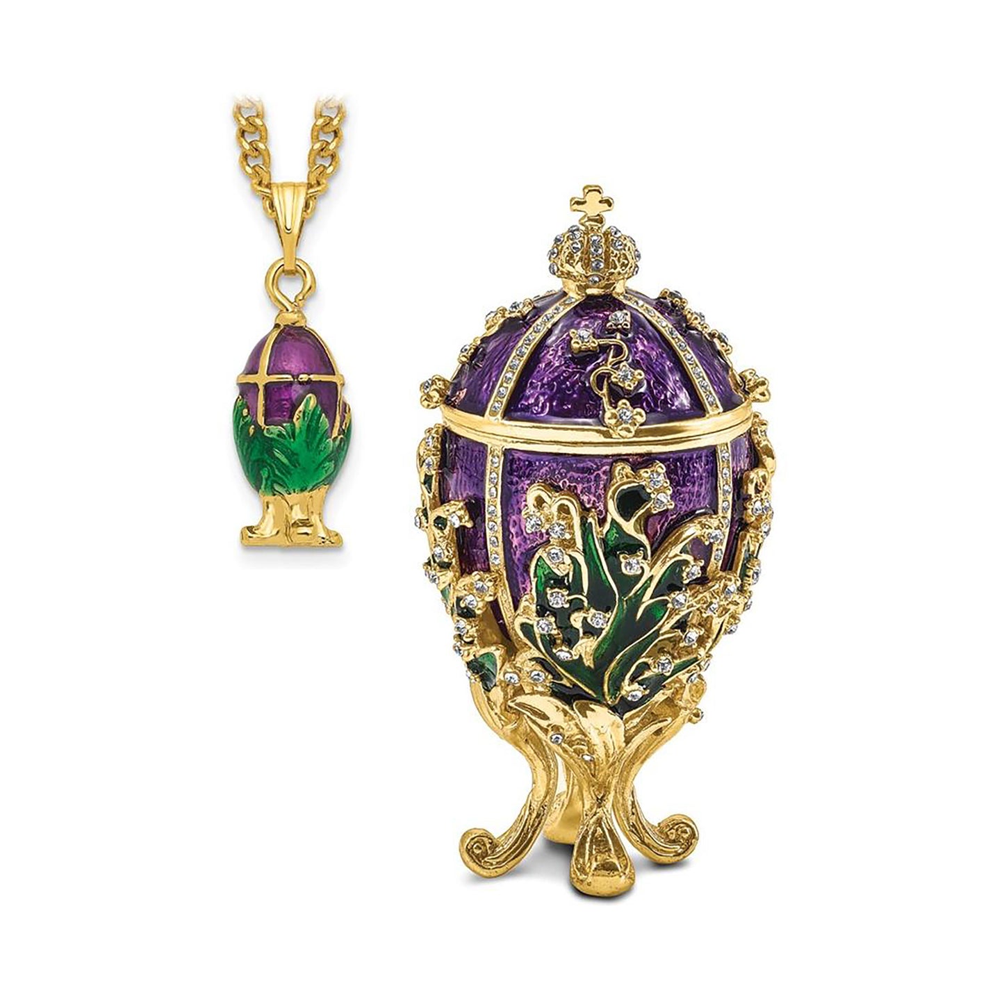 Pewter Bejeweled Crystals Gold-Tone Enameled Lily Of The Valley Purple Egg W/Ring Pad Trinket Container Bejeweled Trinket Box with Matching 18 Inch Necklace, Hand Painted Enameled Collectible Gift