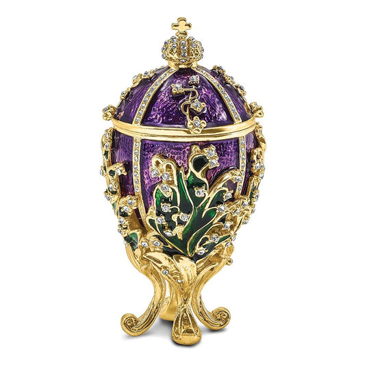 Pewter Bejeweled Crystals Gold-Tone Enameled Lily Of The Valley Purple Egg W/Ring Pad Trinket Container Bejeweled Trinket Box with Matching 18 Inch Necklace, Hand Painted Enameled Collectible Gift