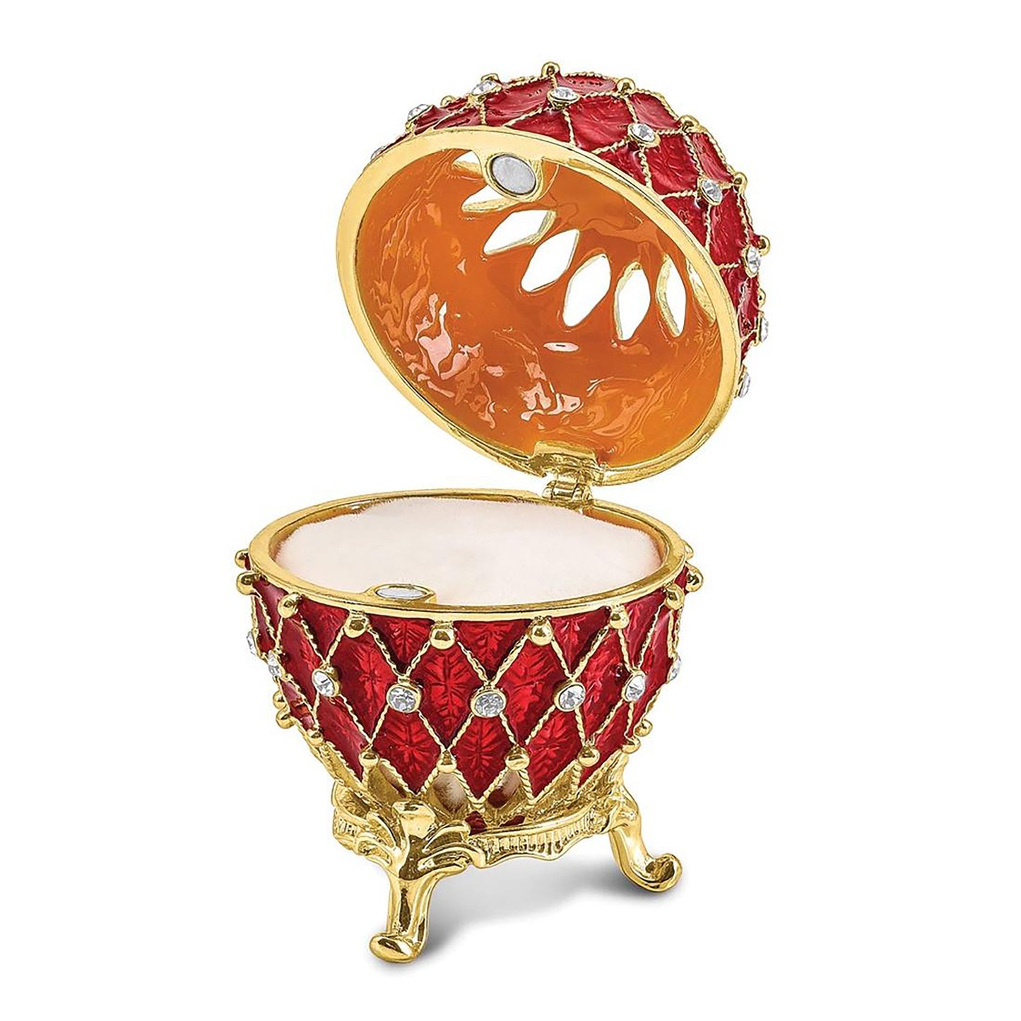Pewter Bejeweled Crystals Gold-Tone Enameled Valentine Ruby Red W/Ring Pad Trinket Container Bejeweled Trinket Box with Matching 18 Inch Necklace, Hand Painted Enameled Collectible Gift