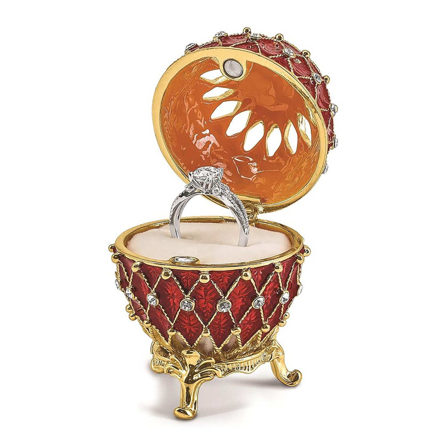 Pewter Bejeweled Crystals Gold-Tone Enameled Valentine Ruby Red W/Ring Pad Trinket Container Bejeweled Trinket Box with Matching 18 Inch Necklace, Hand Painted Enameled Collectible Gift
