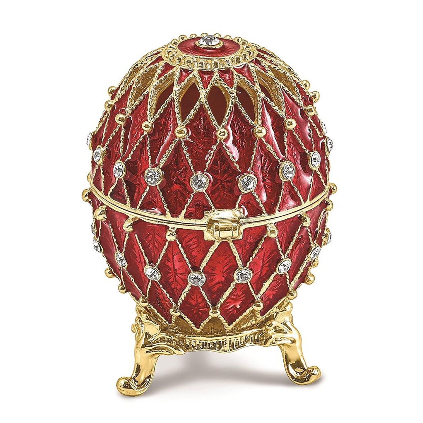 Pewter Bejeweled Crystals Gold-Tone Enameled Valentine Ruby Red W/Ring Pad Trinket Container Bejeweled Trinket Box with Matching 18 Inch Necklace, Hand Painted Enameled Collectible Gift