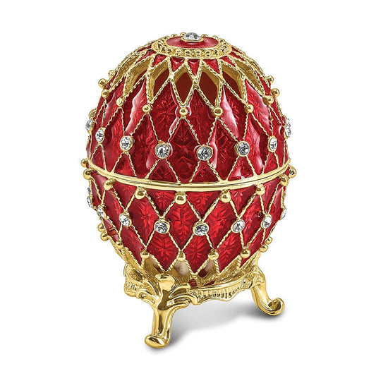 Pewter Bejeweled Crystals Gold-Tone Enameled Valentine Ruby Red W/Ring Pad Trinket Container Bejeweled Trinket Box with Matching 18 Inch Necklace, Hand Painted Enameled Collectible Gift