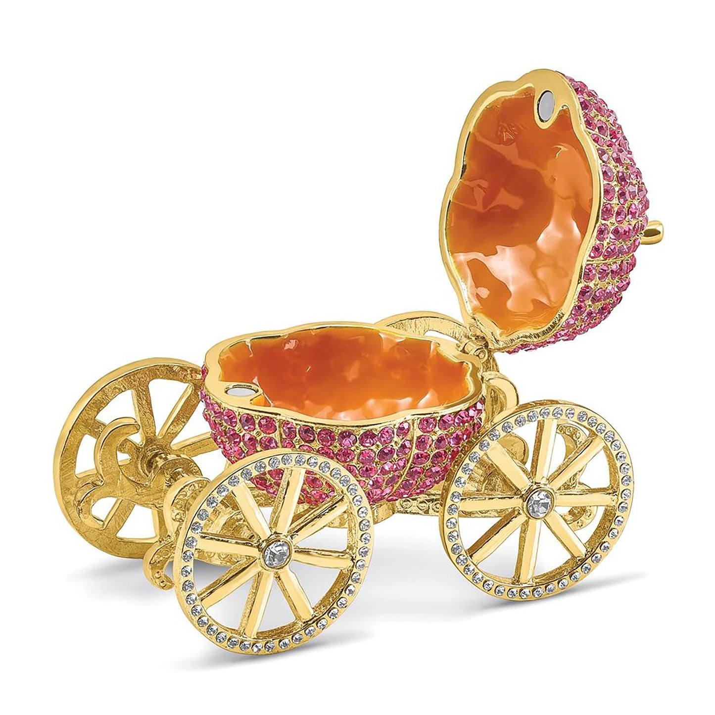 Pewter Bejeweled Crystals Gold-Tone Enameled Eternally Yours Pink Pumpkin Coach W/Ring Pad Trinket Container Bejeweled Trinket Box with Matching 18 Inch Necklace, Hand Painted Enameled Collectible Gift