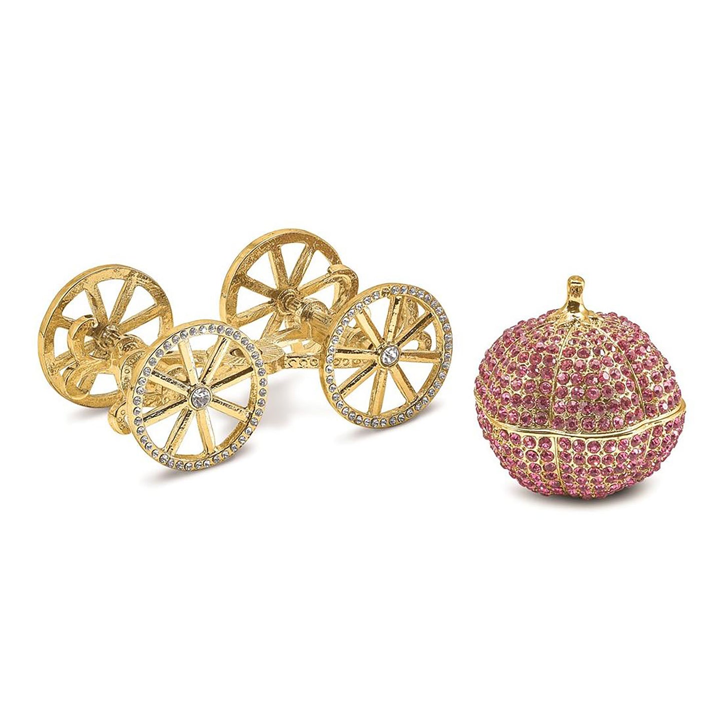 Pewter Bejeweled Crystals Gold-Tone Enameled Eternally Yours Pink Pumpkin Coach W/Ring Pad Trinket Container Bejeweled Trinket Box with Matching 18 Inch Necklace, Hand Painted Enameled Collectible Gift