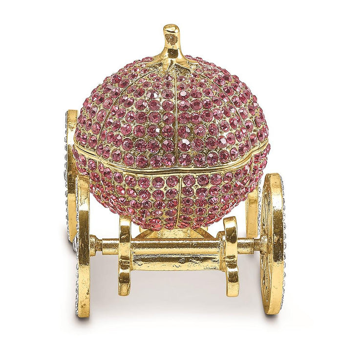 Jere Luxury Giftware Pewter Bejeweled Crystals Gold-Tone Enameled Eternally Yours Pink Pumpkin Coach W/Ring Pad Trinket Container w Matching 18 Inch Necklace