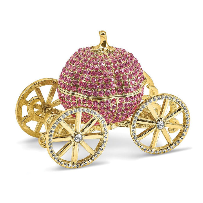 Jere Luxury Giftware Pewter Bejeweled Crystals Gold-Tone Enameled Eternally Yours Pink Pumpkin Coach W/Ring Pad Trinket Container w Matching 18 Inch Necklace