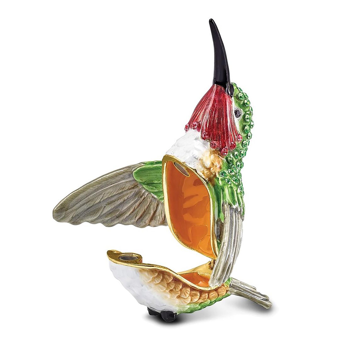 Pewter Bejeweled Crystals Gold-Tone Enameled Hamilton Hummingbird Trinket Container Bejeweled Trinket Box with Matching 18 Inch Necklace, Hand Painted Enameled Collectible Gift