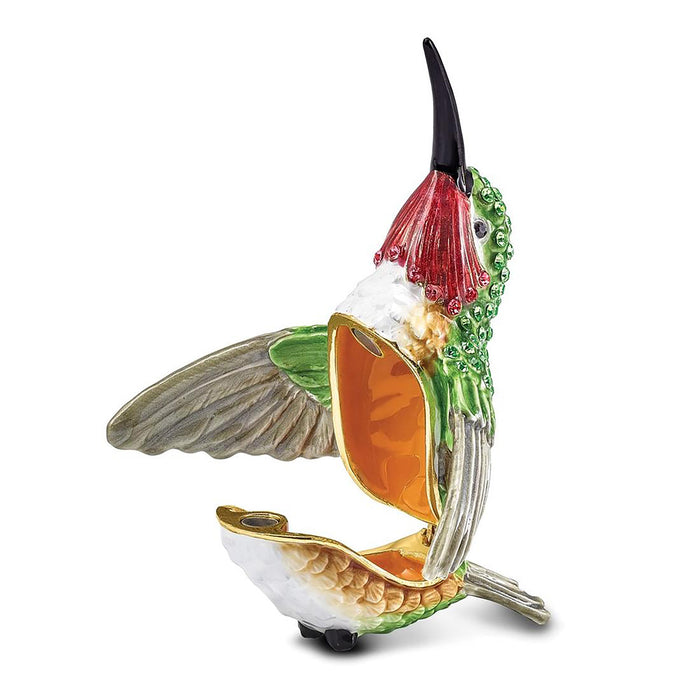 Jere Luxury Giftware Pewter Bejeweled Crystals Gold-Tone Enameled Hamilton Hummingbird Trinket Container w Matching 18 Inch Necklace