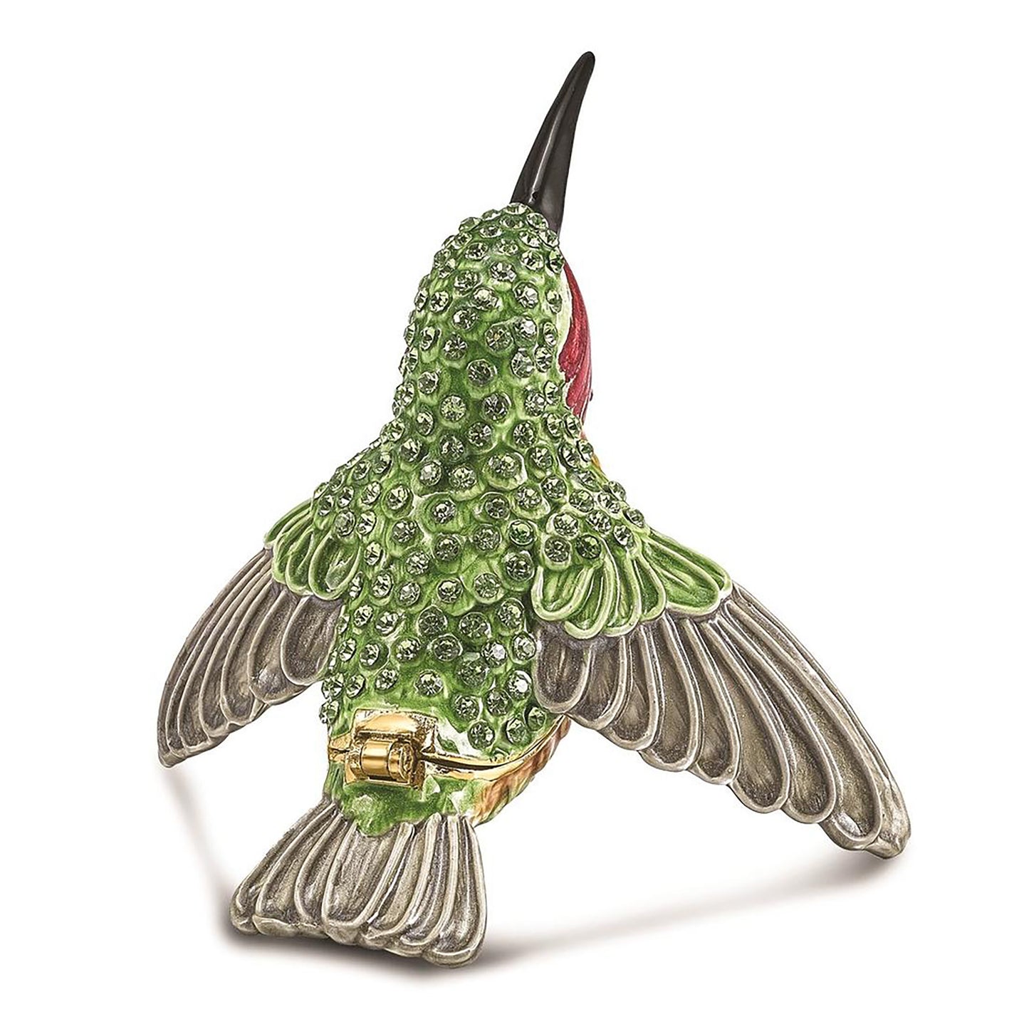 Pewter Bejeweled Crystals Gold-Tone Enameled Hamilton Hummingbird Trinket Container Bejeweled Trinket Box with Matching 18 Inch Necklace, Hand Painted Enameled Collectible Gift