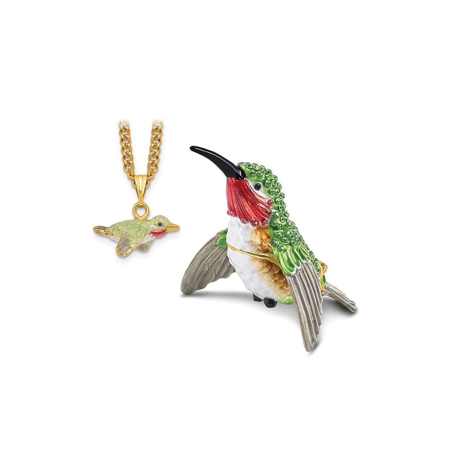 Pewter Bejeweled Crystals Gold-Tone Enameled Hamilton Hummingbird Trinket Container Bejeweled Trinket Box with Matching 18 Inch Necklace, Hand Painted Enameled Collectible Gift