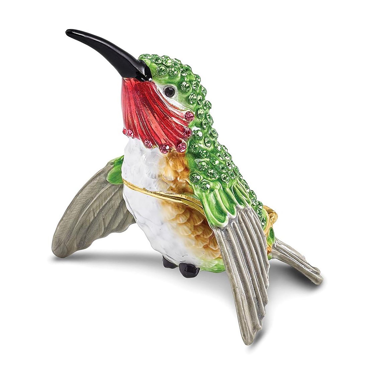 Pewter Bejeweled Crystals Gold-Tone Enameled Hamilton Hummingbird Trinket Container Bejeweled Trinket Box with Matching 18 Inch Necklace, Hand Painted Enameled Collectible Gift