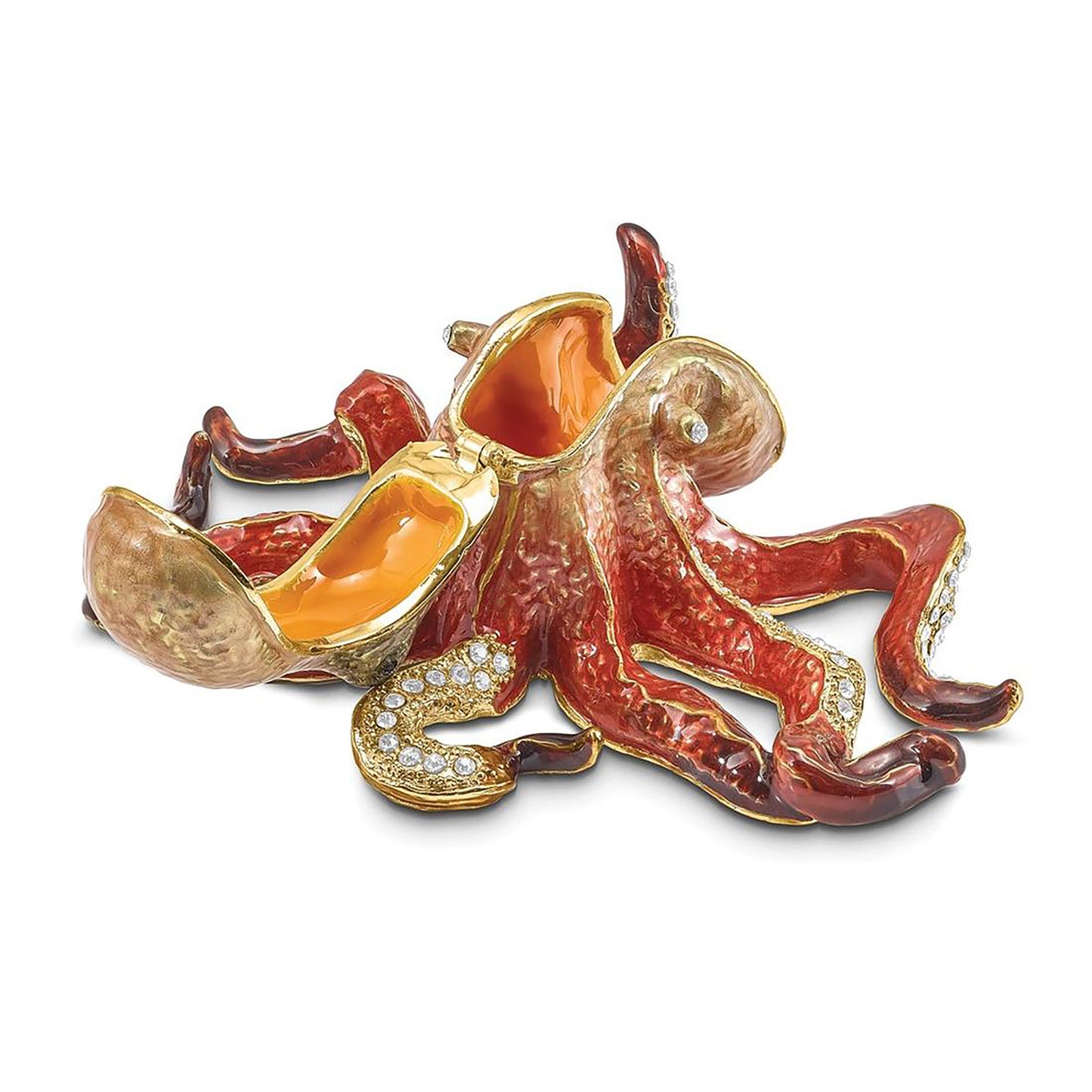 Pewter Bejeweled Crystals Gold-Tone Enameled Ola Octopus Trinket Container Bejeweled Trinket Box with Matching 18 Inch Necklace, Hand Painted Enameled Collectible Gift