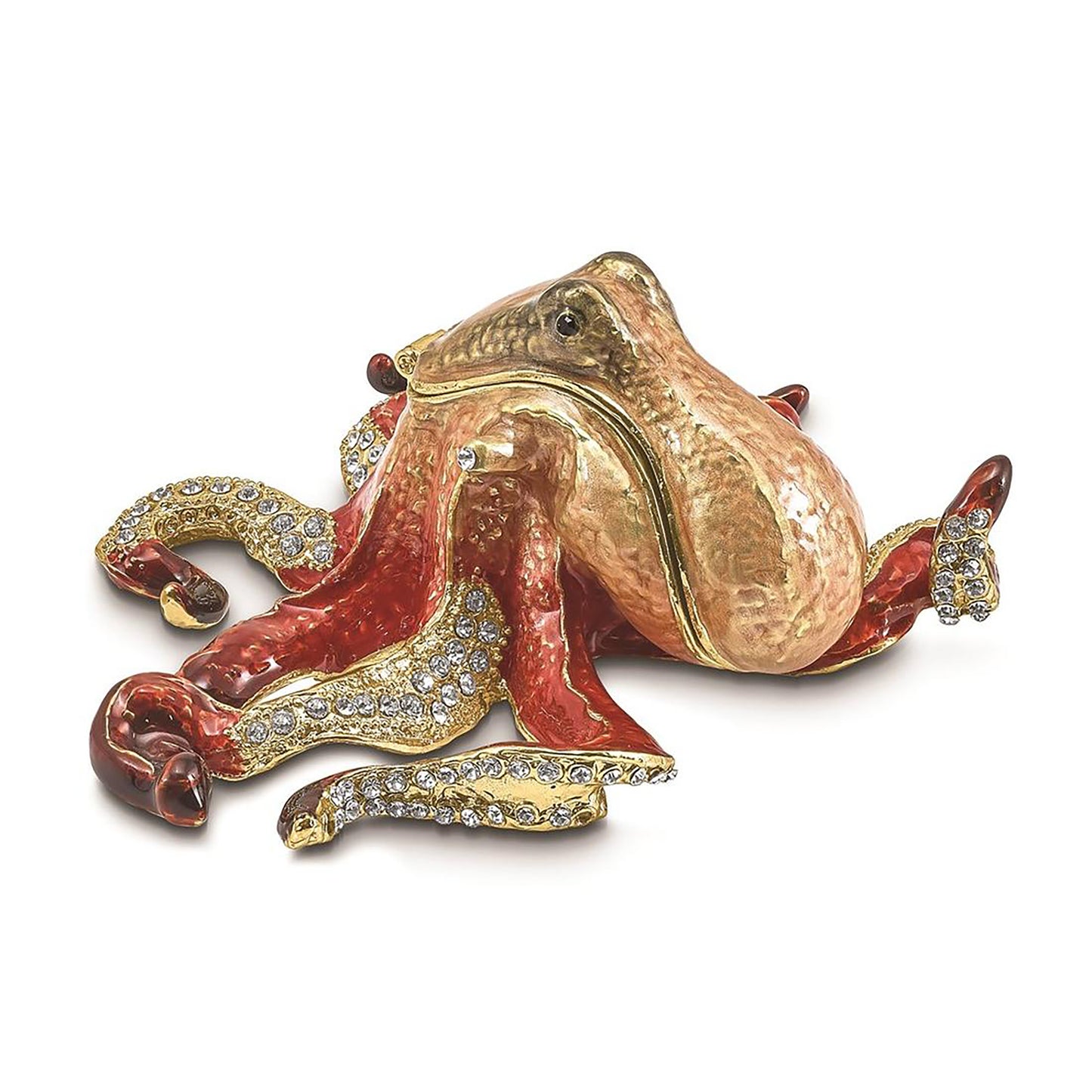 Pewter Bejeweled Crystals Gold-Tone Enameled Ola Octopus Trinket Container Bejeweled Trinket Box with Matching 18 Inch Necklace, Hand Painted Enameled Collectible Gift