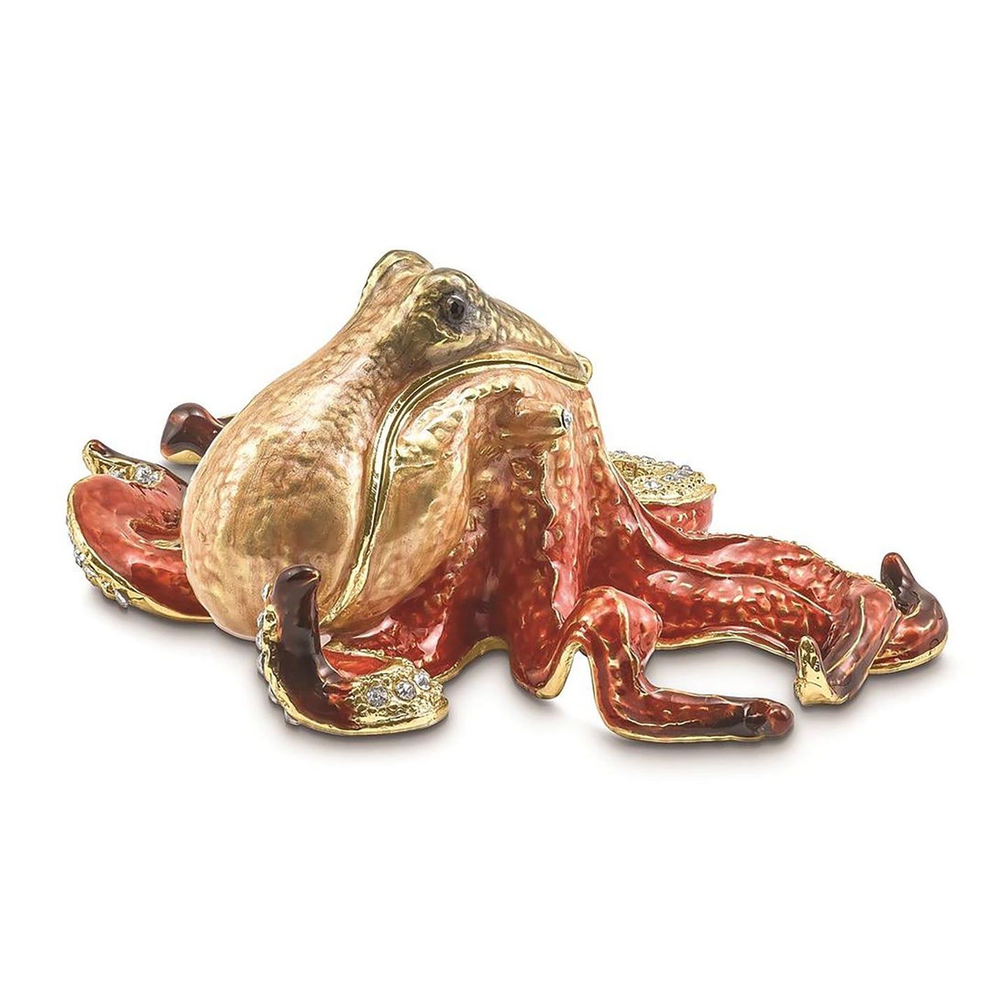 Pewter Bejeweled Crystals Gold-Tone Enameled Ola Octopus Trinket Container Bejeweled Trinket Box with Matching 18 Inch Necklace, Hand Painted Enameled Collectible Gift
