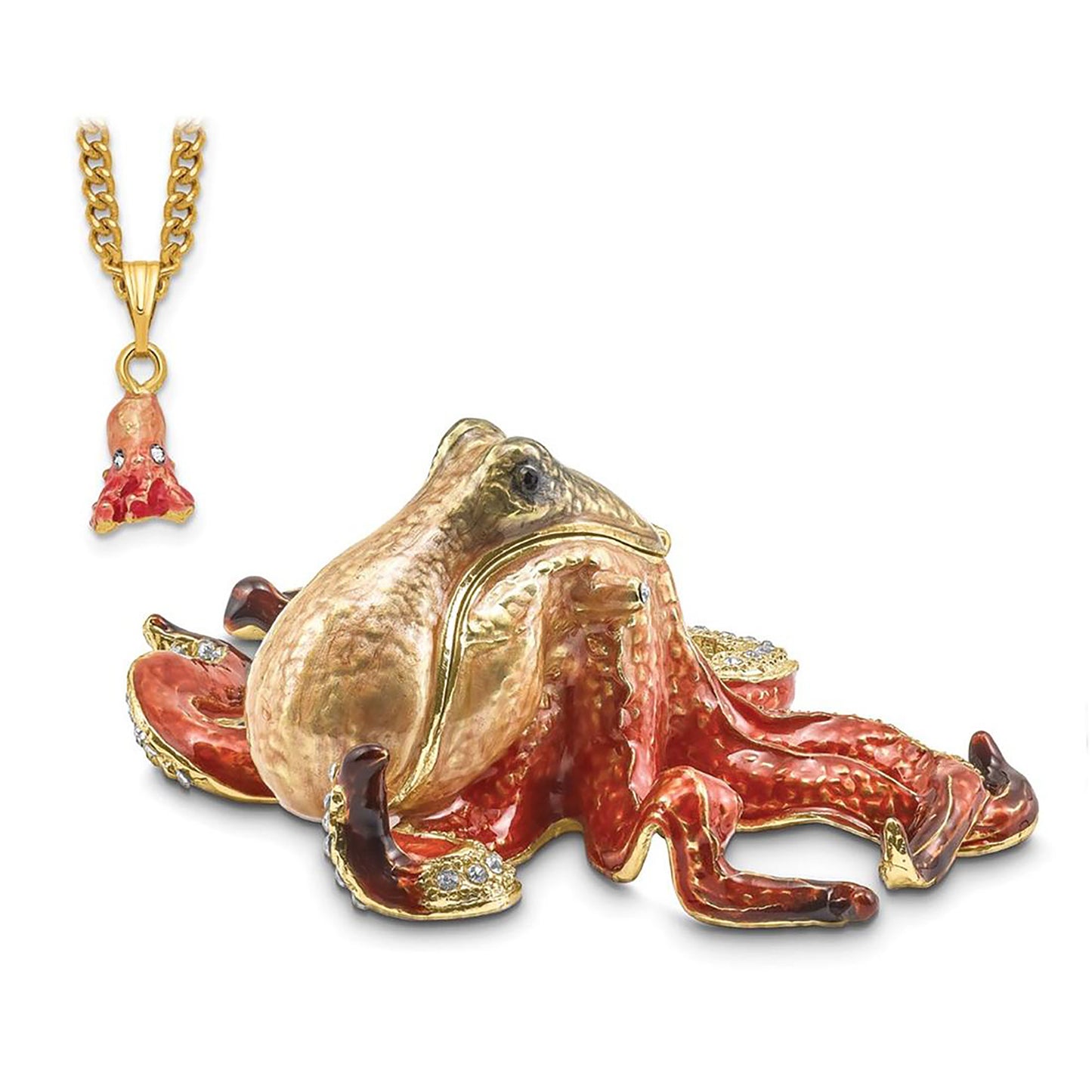 Pewter Bejeweled Crystals Gold-Tone Enameled Ola Octopus Trinket Container Bejeweled Trinket Box with Matching 18 Inch Necklace, Hand Painted Enameled Collectible Gift